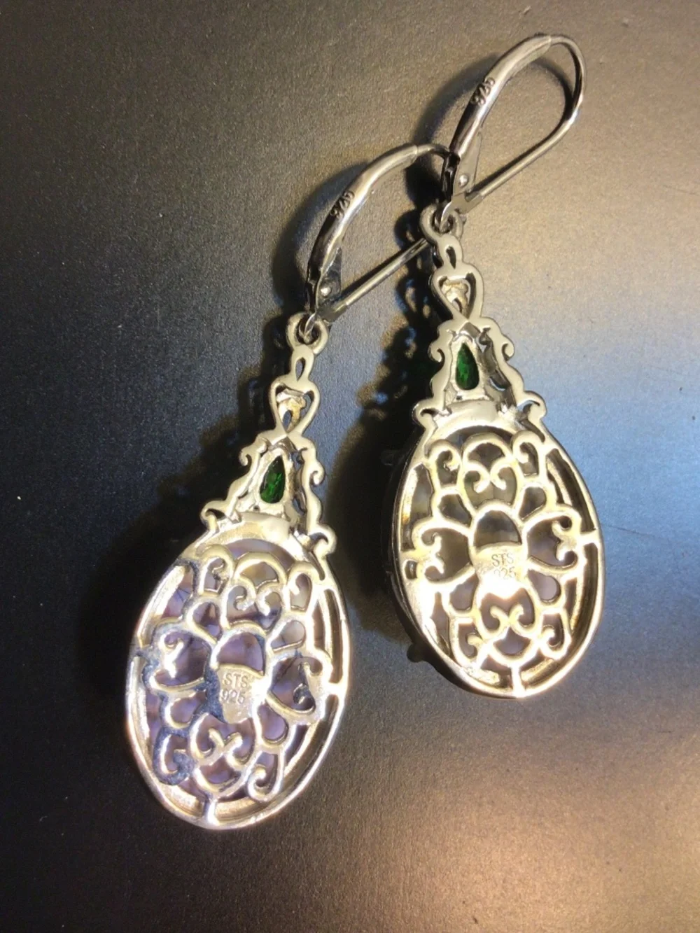 Sterling Silver 925 Ornate Dangle Earrings Oval Pink/Lavender Dendritic Opal?